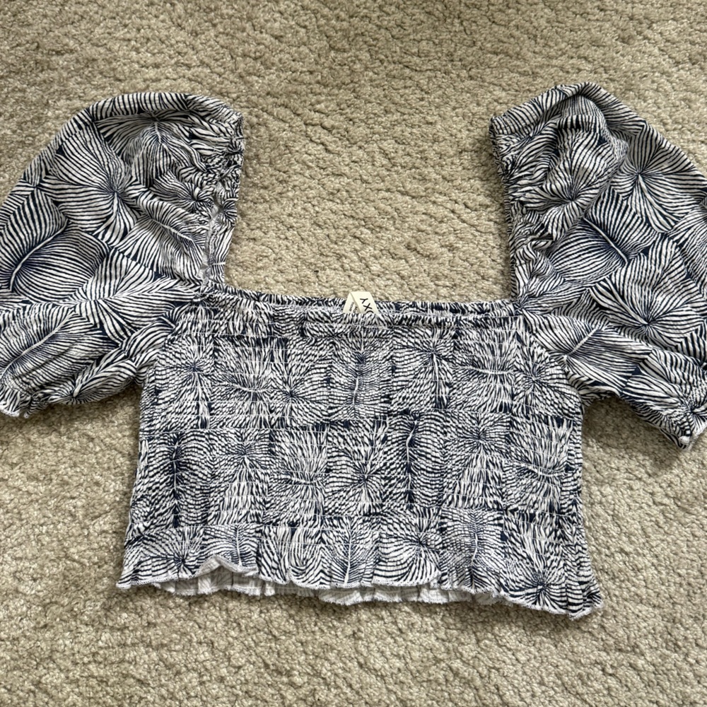 Roxy Blue and White Textured Crop Top
